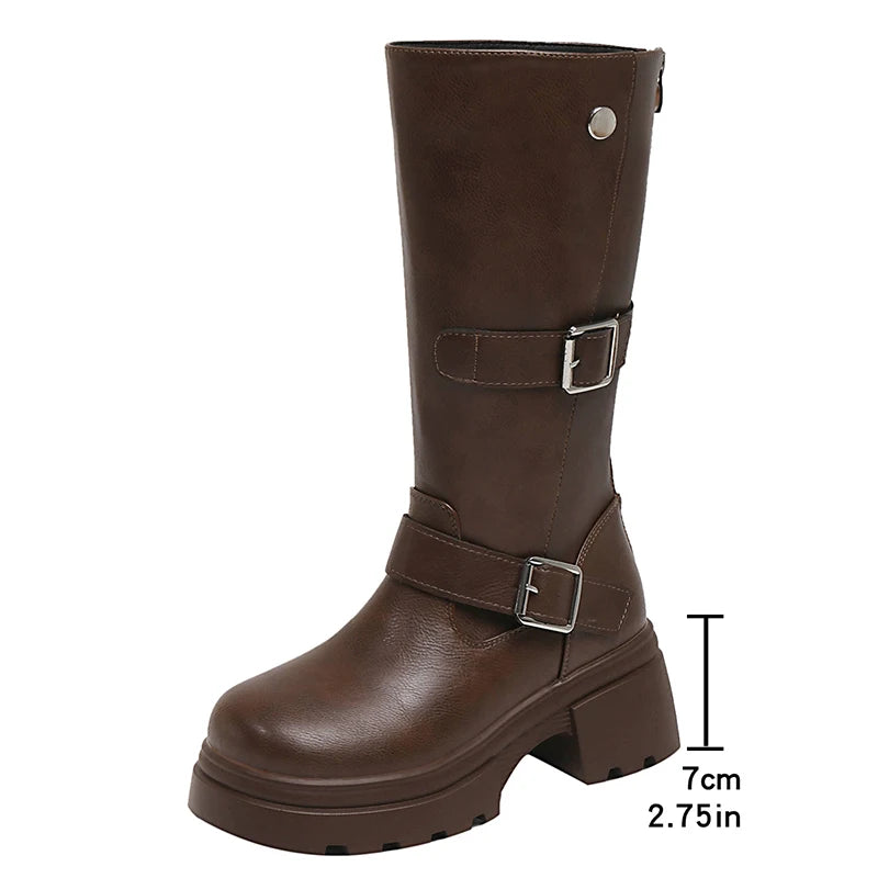 Piunk Belt Buckle Chunky Platform Knee High Boots Women Back Zipper High Heel Long Boots Woman Plus Size 42 Pu Leather Botas