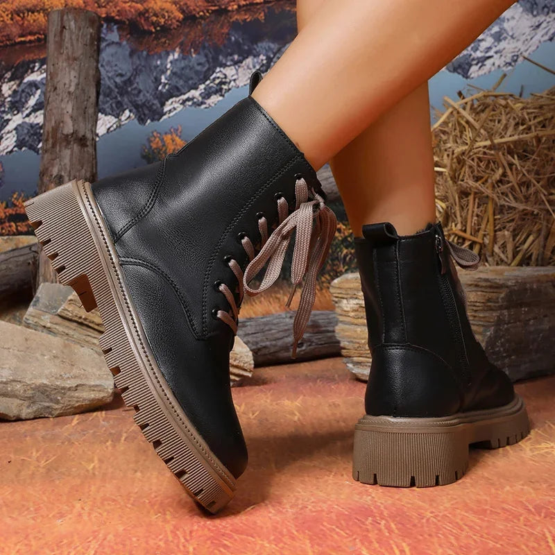 Autumn Winter Short Plush Ankle Boots Women Fashion Lace Up Pu Leather Platform Boots Woman Thick Sole Motorcycle Botas Mujer 42