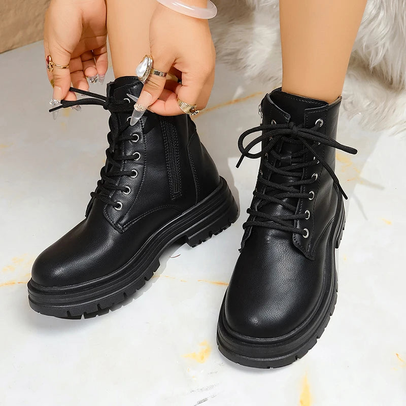 Fashion Lace Up Black Ankle Boots for Women Autumn Winter Zip Platform Combat Boots Woman Classic Pu Leather Short Booties Mujer