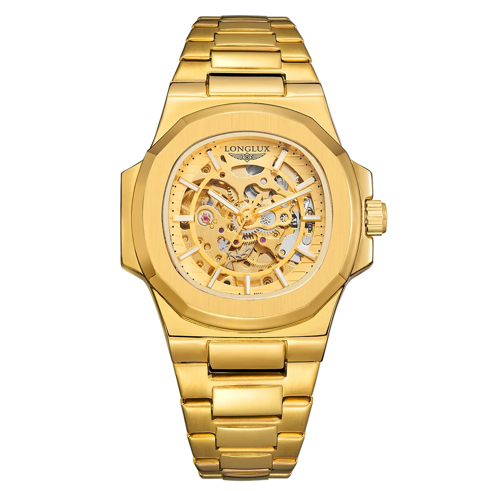 Gold LONGLUX Men automatic mechanical watch luxury waterproof skeleton Watches