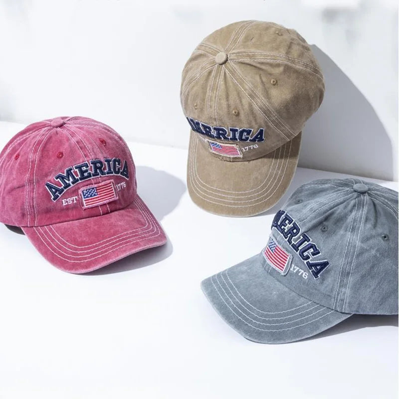 Vintage USA Flag Embroidered Baseball Cap - Bold Letter Distressed Wash Sun Hats