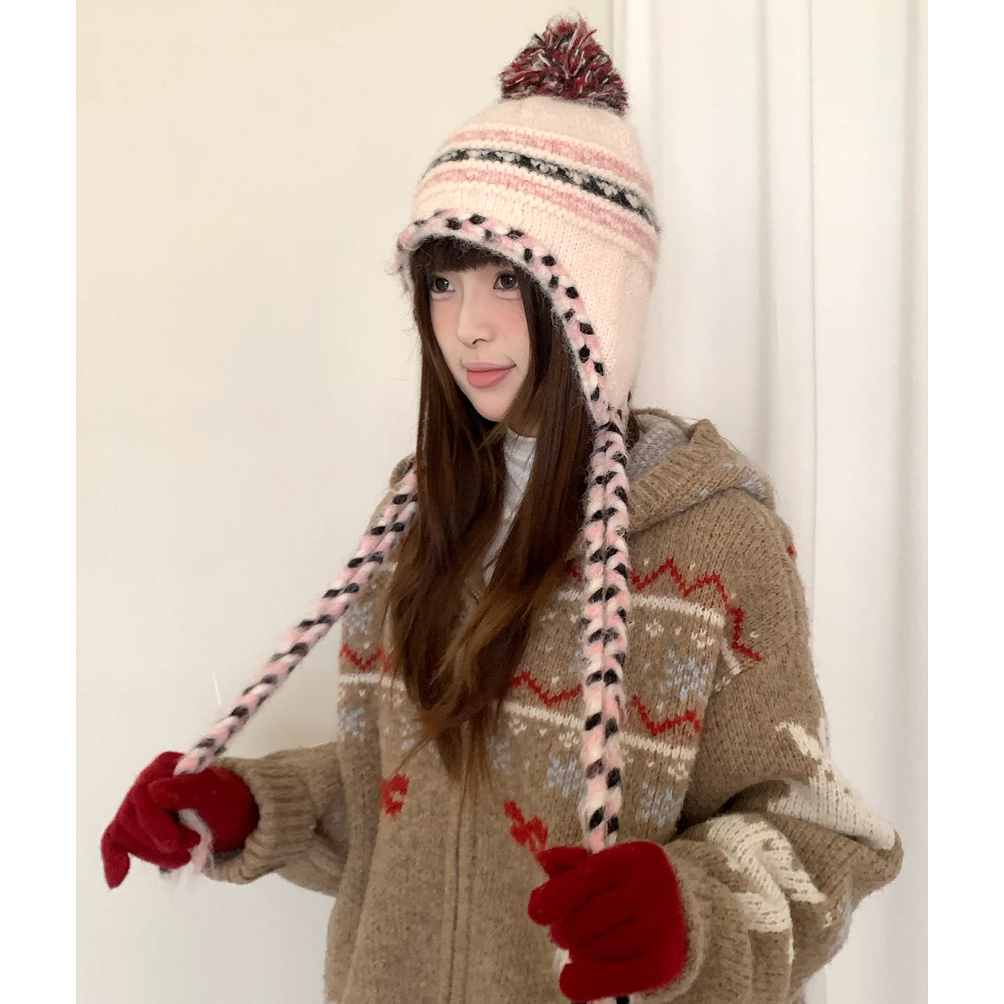 Retro Fair Lsle Colorblock Braided Wool Ball Knit Hat For Women With Wool For Winter Warm Ear Protection Lei Feng Cap