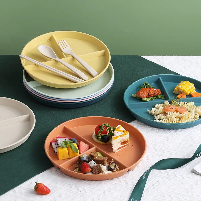 1pc Divided Breakfast Plate,3 Grids Round Plastic Individual Plate,Reusable Healthy Diet And Weight Loss Plate, Picnic Plate