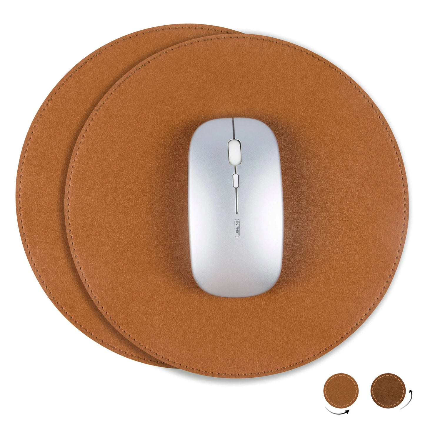 2Pack Round Mouse Pad，Leather Mouse Mat with Stitched Edge Micro-Fiber Base with Non-Slip Waterproof，Mouse Pad for Comput