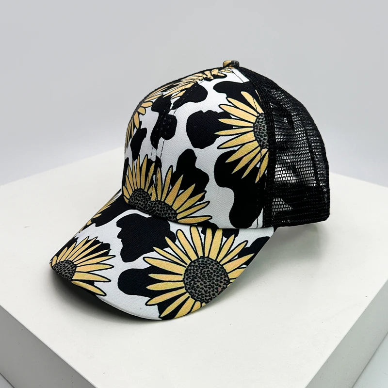 New Women Print Sunflower Color Block Baseball Hats Breathable Criss Cross Ponytail Sunshade Versatile Trucker caps Mesh Fashion