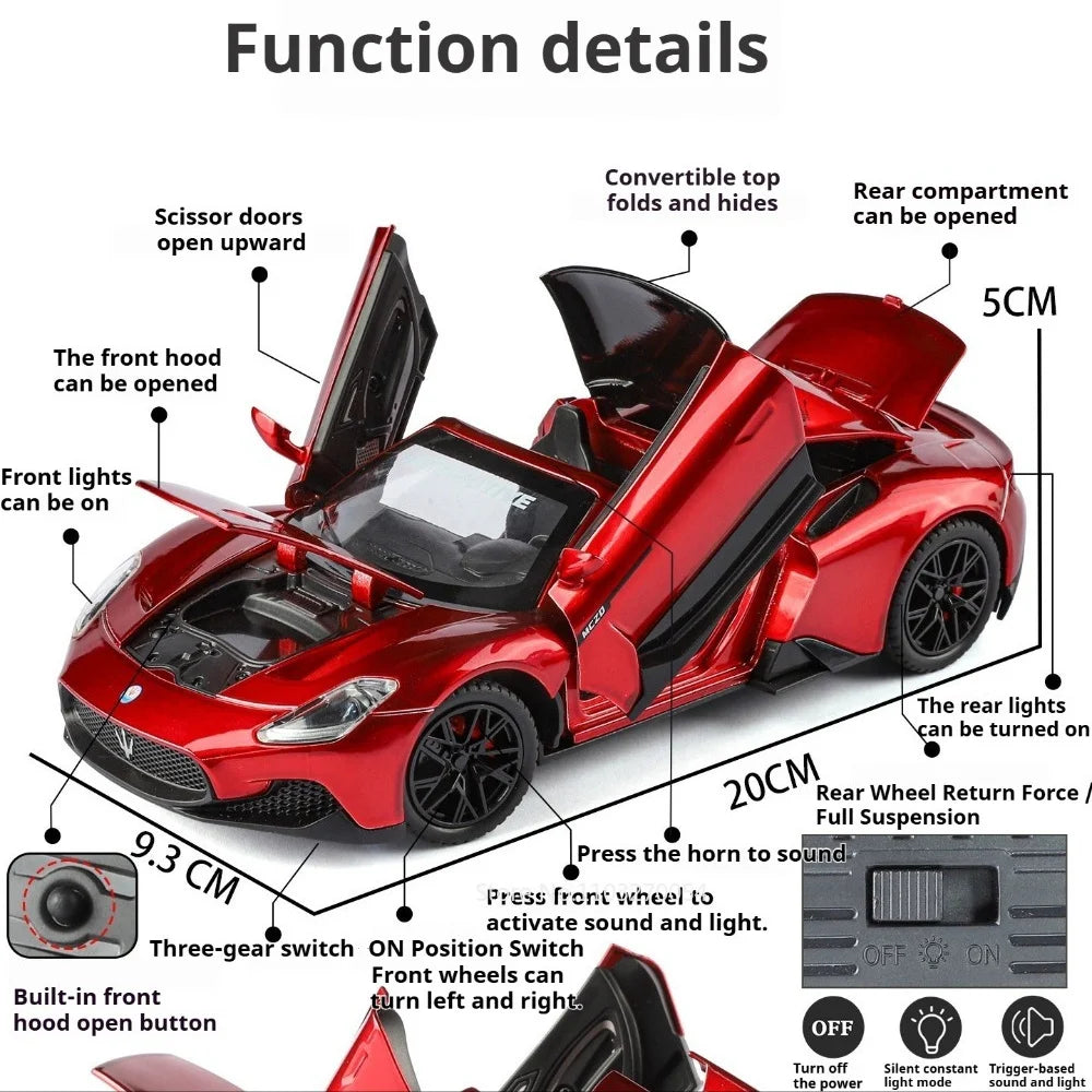 1:24 MC20 GT2 Sportscar Model Alloy Diecast Toys Front Wheel Steering Sound Light Pull Back Miniature Vehices Kid Christmas Gift