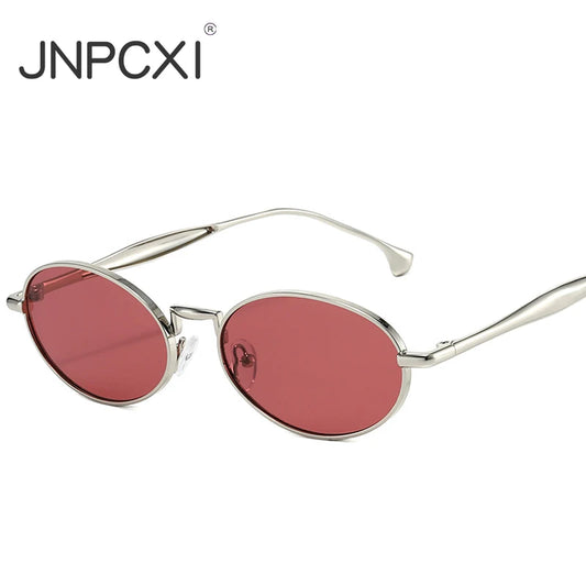 JNPCXI New Vintage Metal Small Oval Punk Women Sunglasses Fashion Silver Red Men Gradient Shades UV400