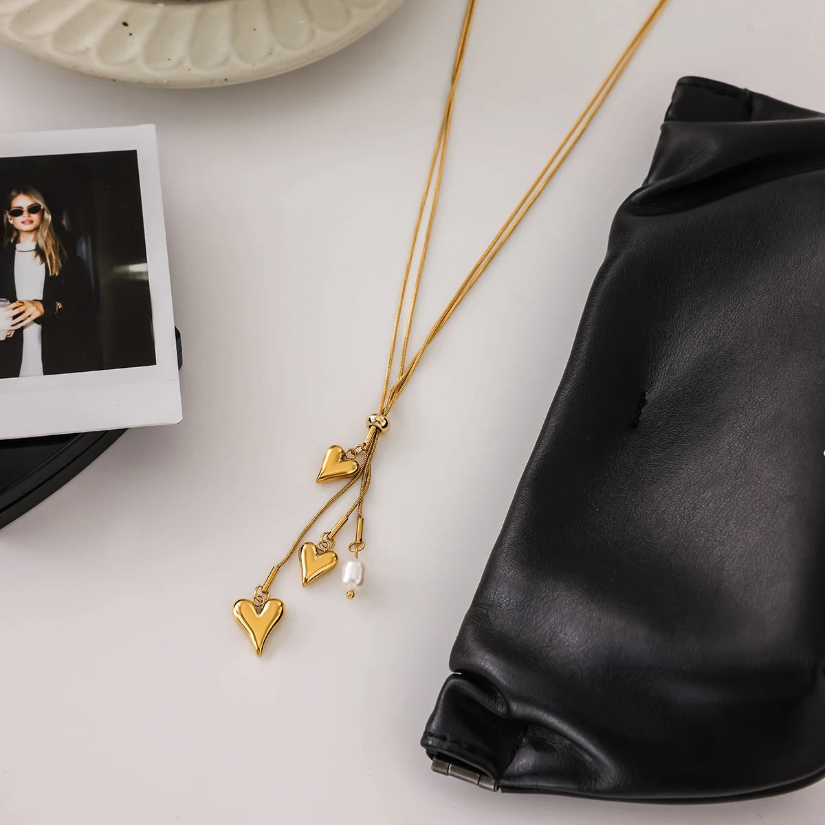 Uworld Minimalist Classic 18K Gold Color Plated Stainless Steel Freshwater Pearl Heart Pendant Necklace Y-shaped Chain Women's J