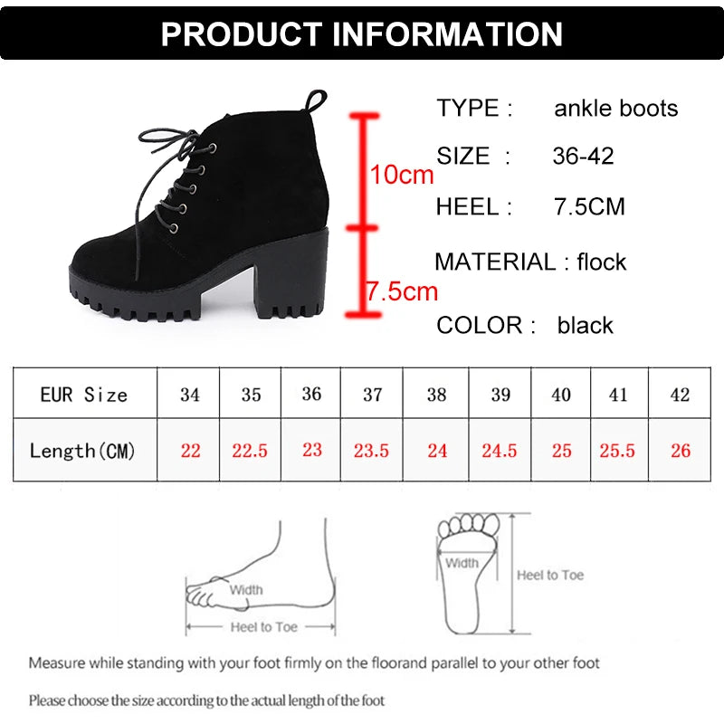 Classic Lace Up High Heels Ankle Boots Women Autumn Winter Black Flock Short Booties Mujer Plus Size 42 Thick Heel Boots Female
