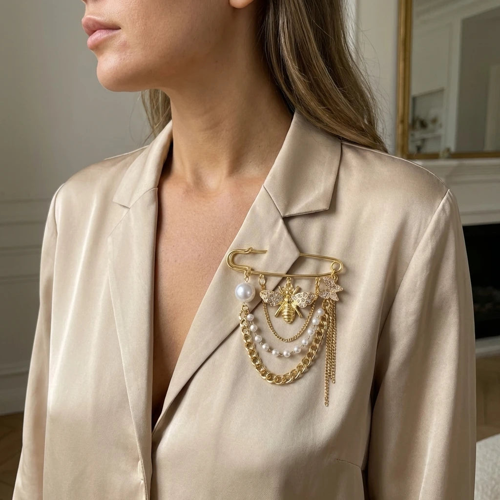 Elegant Bee Butterfly Rhinestone Brooch Multi Layer Chain Tassel Pearl Pin for Women Suit Coat Lapel Jewelry