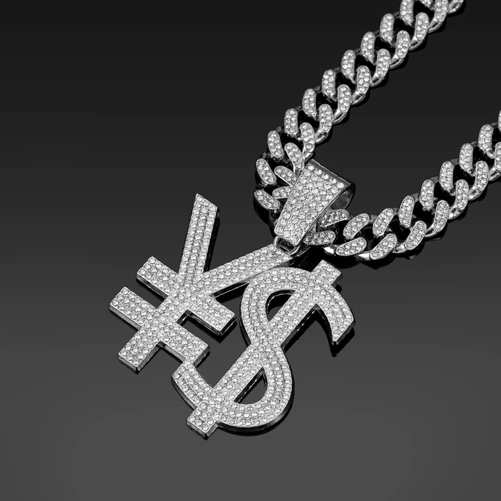 Hip Hop Exaggerated Dollar Sign Pendant,with 13mm Cuban Chain Currency Symbol Pendant Necklace for Men Rapper Charm Jewelry Gift
