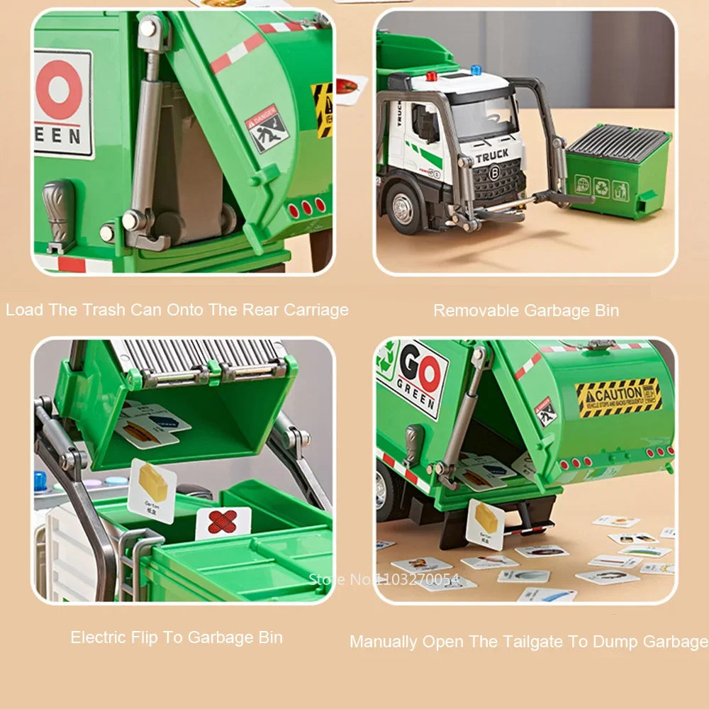 1:18 Alloy Electric City Sanitation Vehicle Hook Truck Toys Car Diecast Model Front End Doors Opened Sound Light Children's Gift