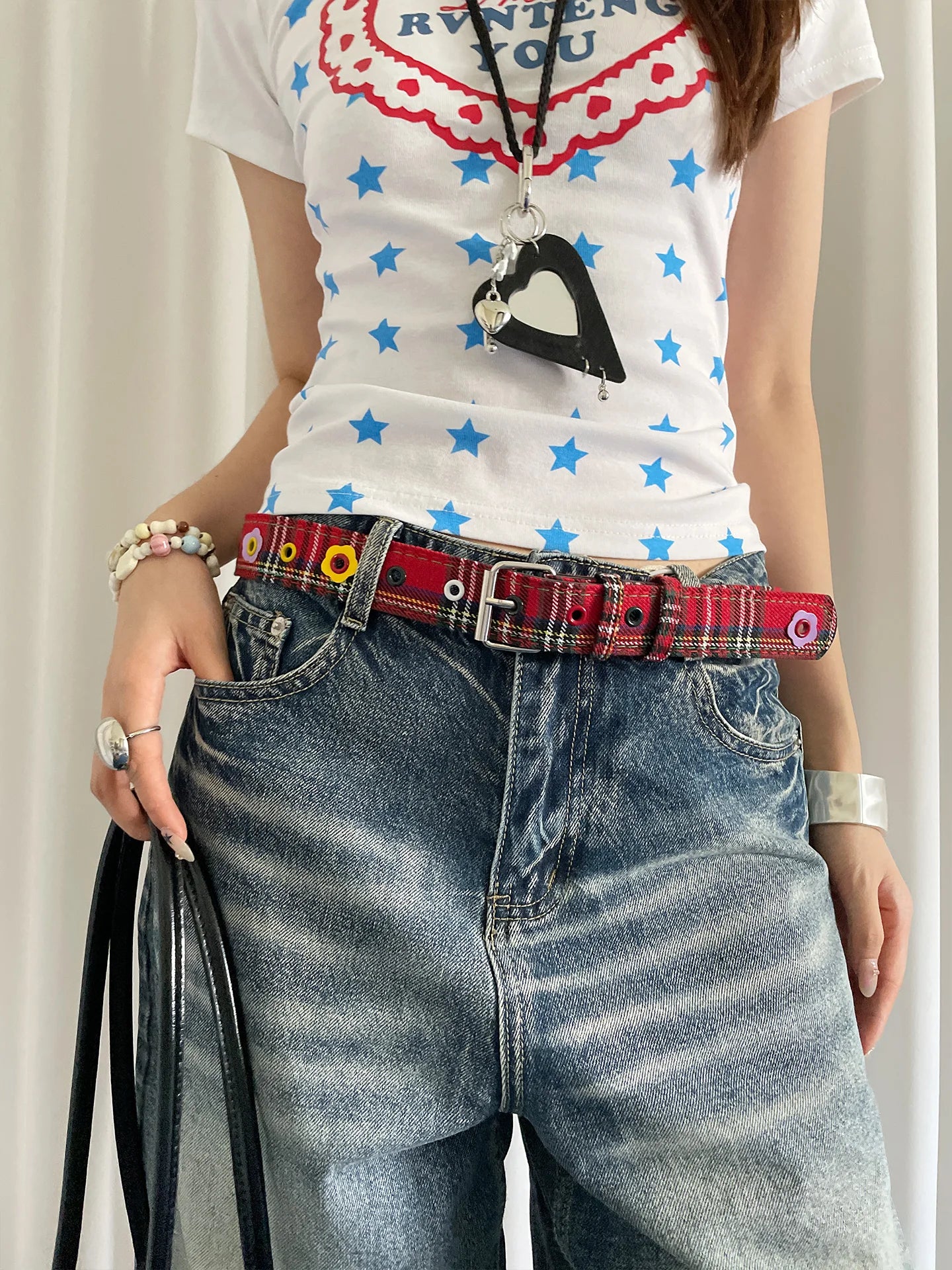 Y2k Dopamine Floral Red Plaid Waist Belt For Women Summer 2025 New Sweet Cool Hot Girl Denim Blue Belt