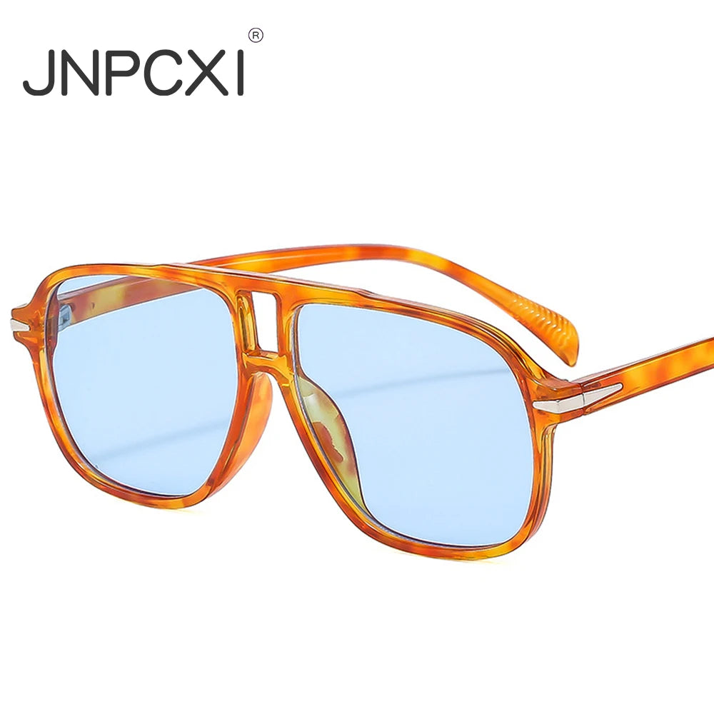 JNPCXI Retro Double Bridges Men Pilot Sunglasses UV400 Rivets Decoration Blue Lens Shades Women Trending Sun Glasses