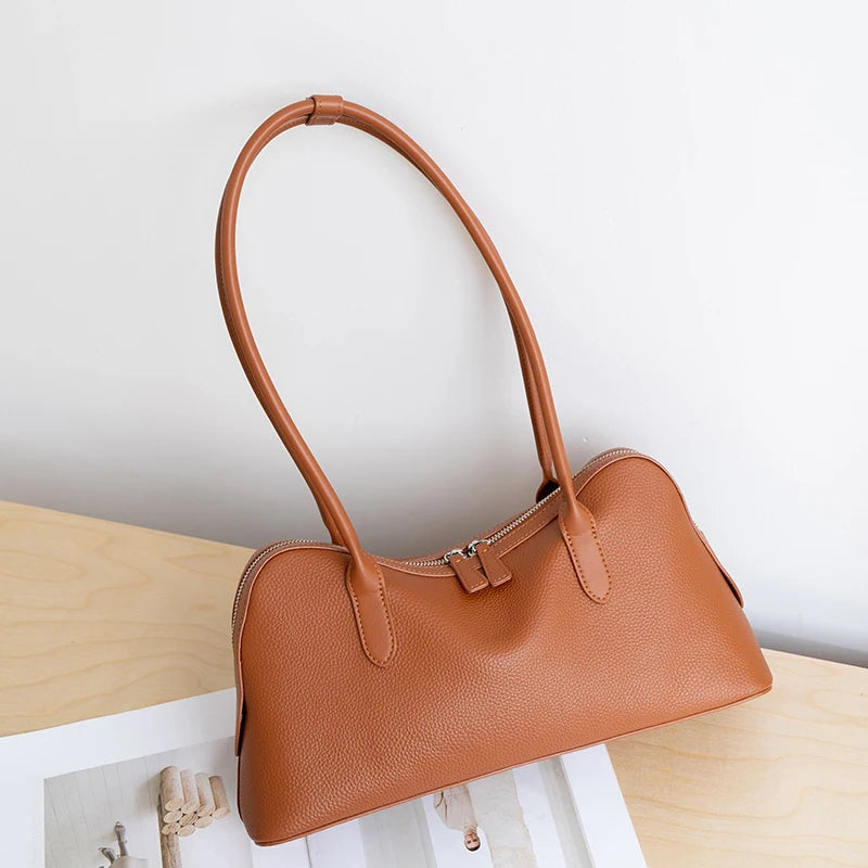 Genuine Cowhide Leather Large Baguette Shoulder Bag for Women Daily Office Pebbled Leather Hobo Tote Bag with Zipper Closure