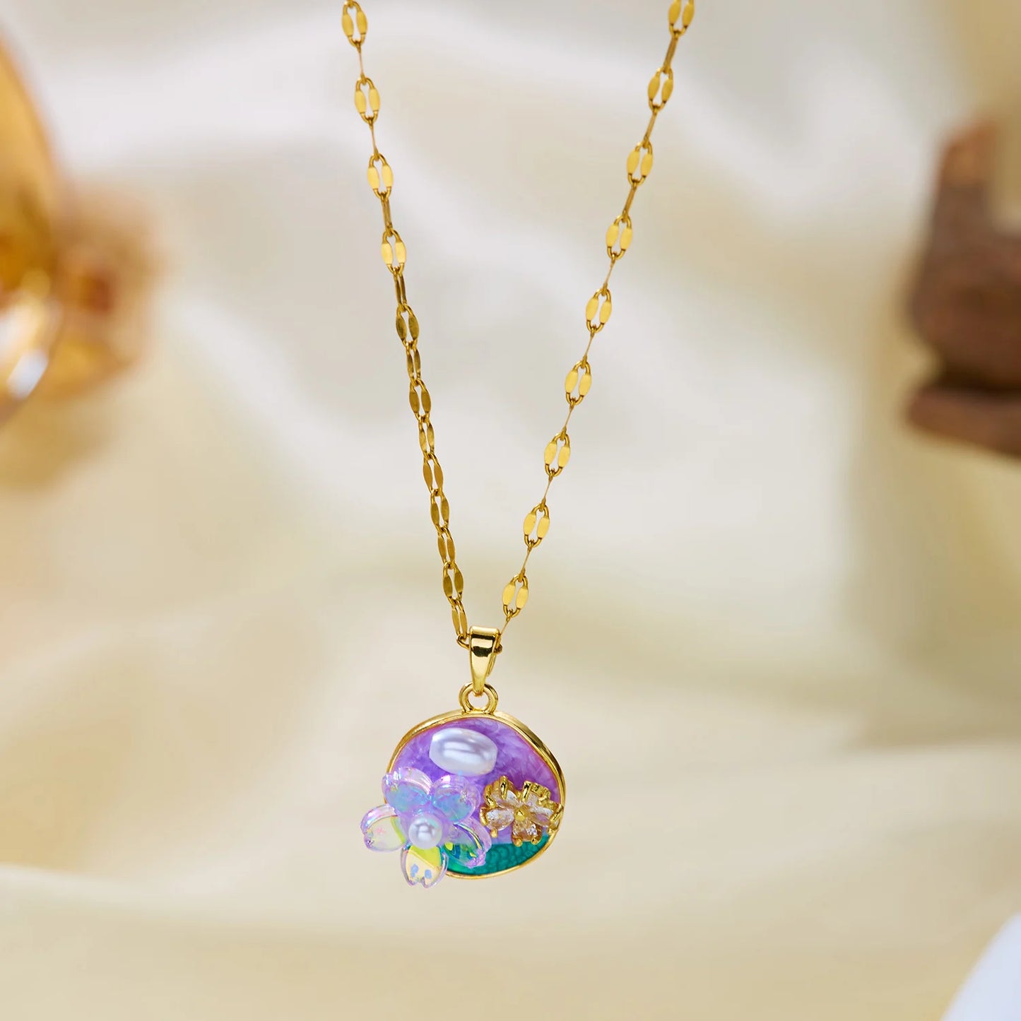 Vintage Purple Enamel Flower Gold Tone Necklace for Women Dainty Floral Pendant Chain Delicate Layered Jewelry Gift