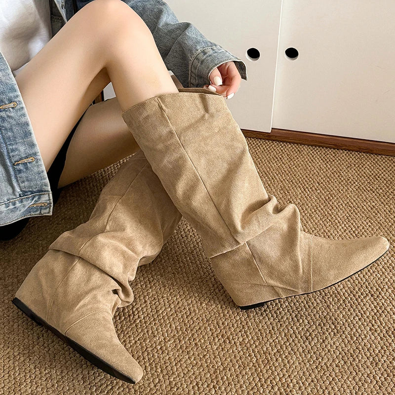 Khaki Faux Suede Mid Calf Boots for Women 2025 Fashion Pointed Toe Pleated Western Boots Woman Slip On Autumn Winter Booties