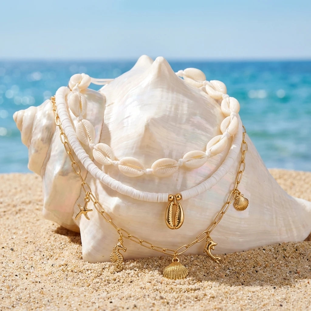 Boho Shell Starfish Seahorse Polymer Clay Necklace Set 3Pcs Summer Beach Choker For Women Vacation Jewelry