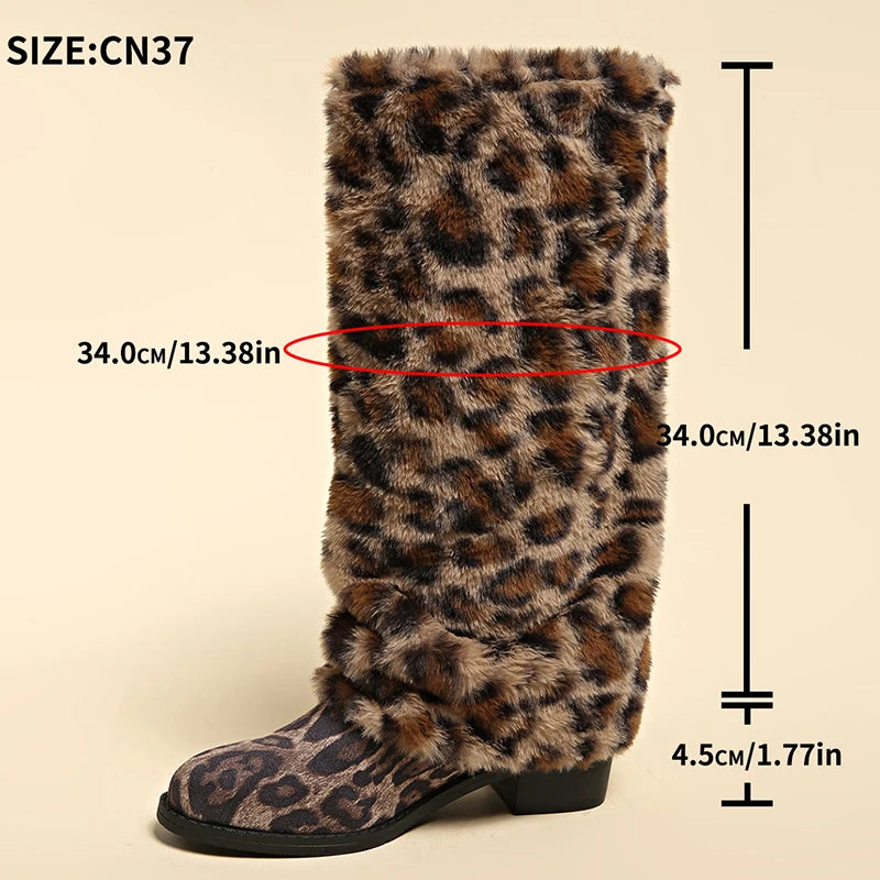 Fashion Leopard Print Fluffy Knee High Boots Women Thick Heels Winter Long Boots Woman Plus Size 42 Slip On Western Botas Mujer