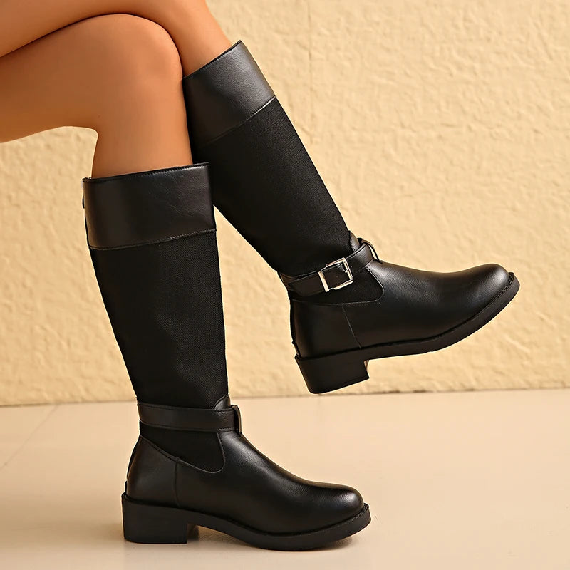 Flowers Print Knee High Boots Women Plus Size 35-43 Thick Heels Long Boots Woman Back Zipper Decor Bohemian Knight Botas Mujer