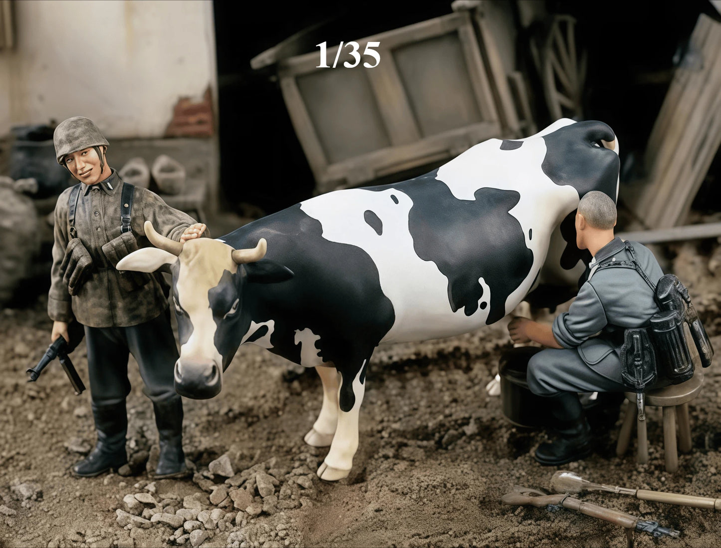 Precision 1/35 Fresh Milk Gk Soldiers with Milking Cow Uncolored Resin Figure Miniature Garage