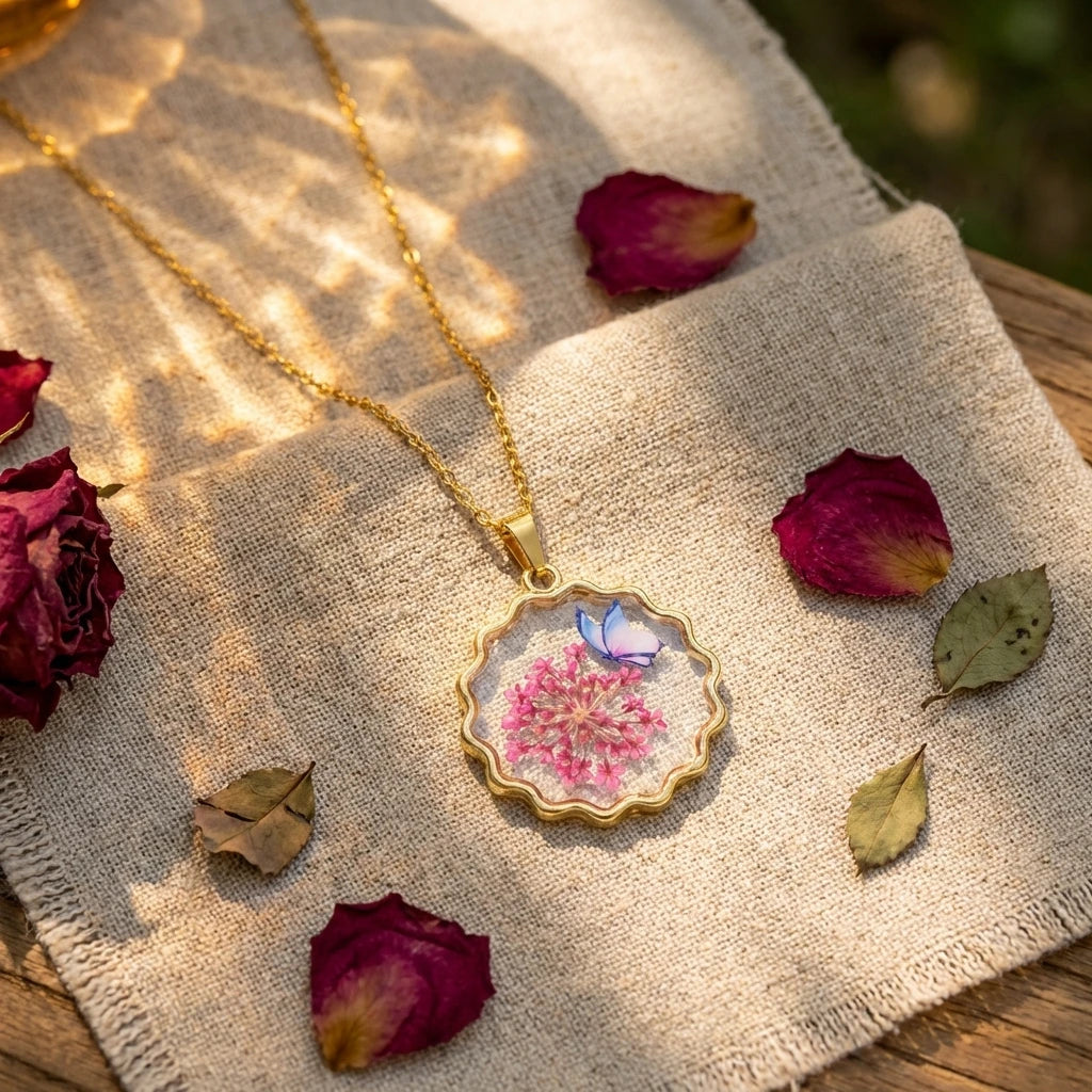 Romantic Vintage Gold Tone Necklace for Women Stainless Steel Flower Butterfly Pendant Scalloped Edge Elegant Daily Jewelry Gift