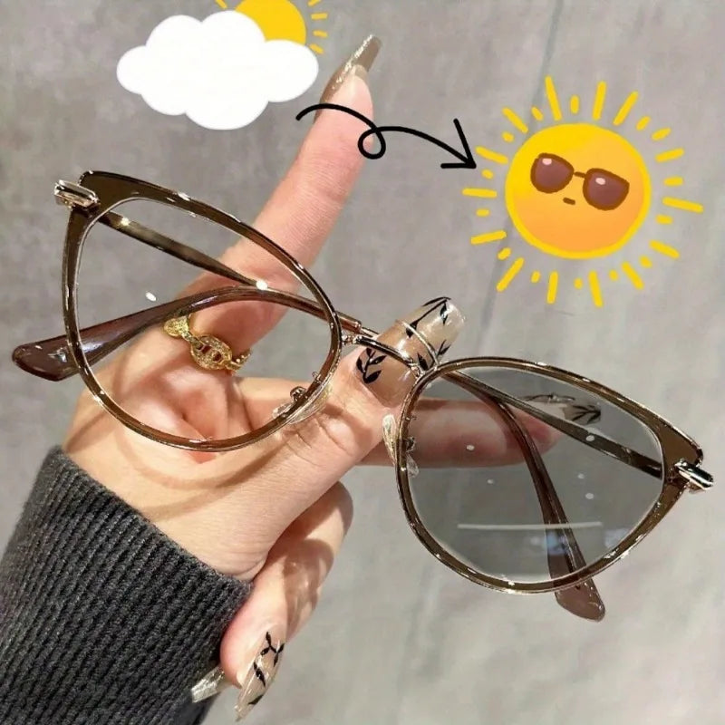 Photochromic Lens Cat Eye Clear Lens Glasses Vintage Stainless Steel Frame Blue Light Blocking Eyewear