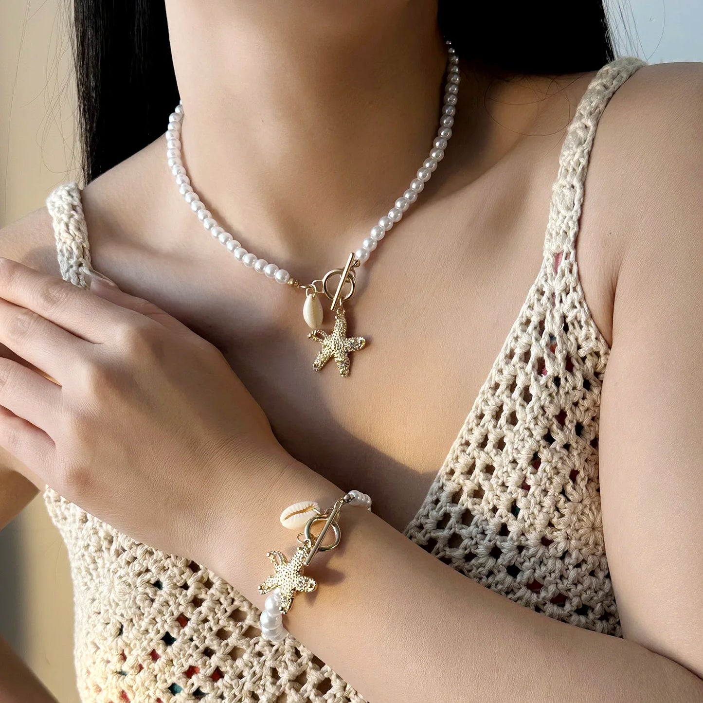 2Pcs Bohemian Shell Starfish Pendant Necklace For Women Conch Seashell Gold Color Metal Chain Choker Summer Beach Party Jewelry