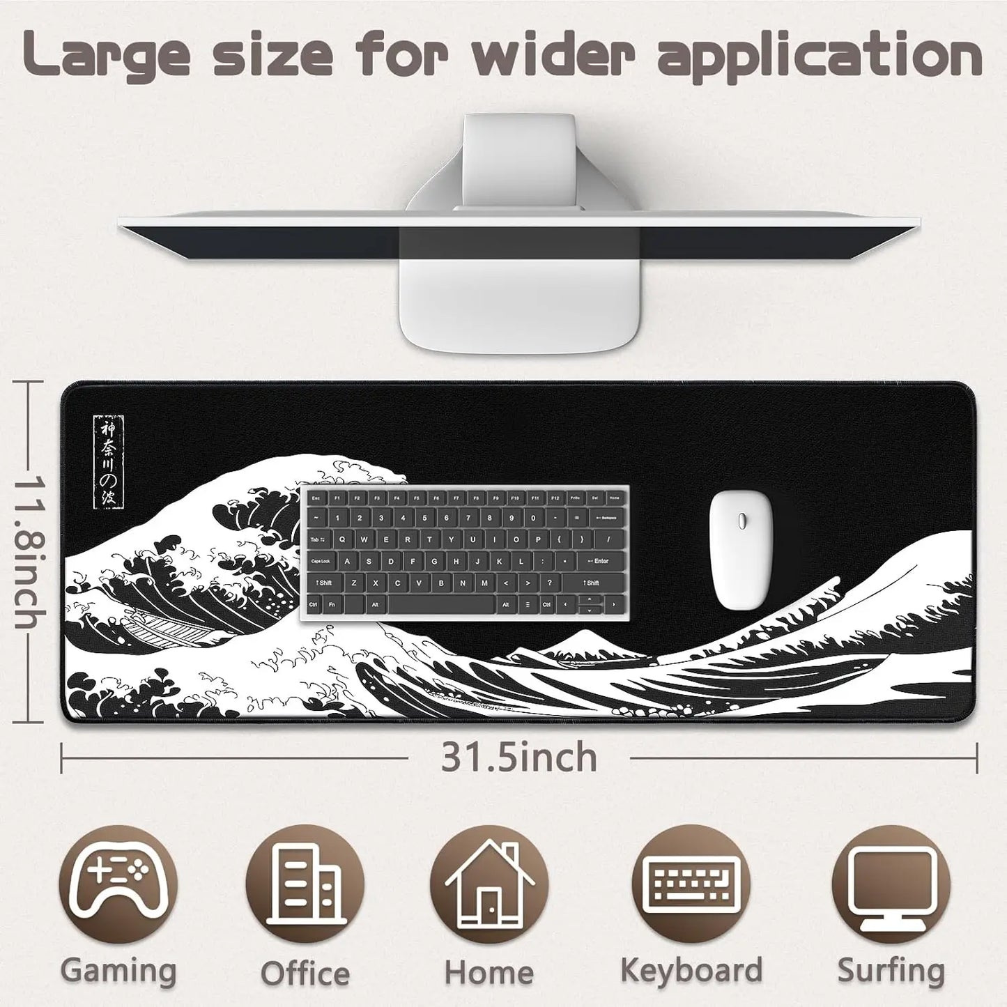 Mouse Pad Gaming - Desk Mat for Keyboard - Kanagawa Large Mousepad for Desk, Japanese Sea Wave Desks Pad with Non-Slip Base