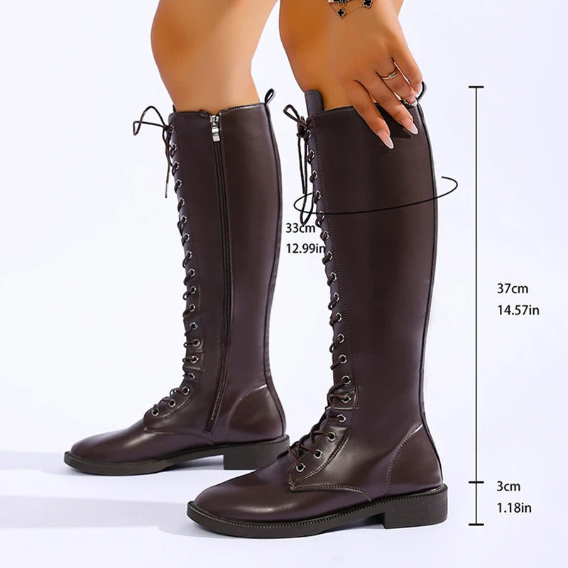 Plus Size 43 Cross Lace Up Knee High Boots Women 2026 Autumn Low Heel Punk Motorcycle Boots Woman Pu Leather Long Botas Mujer