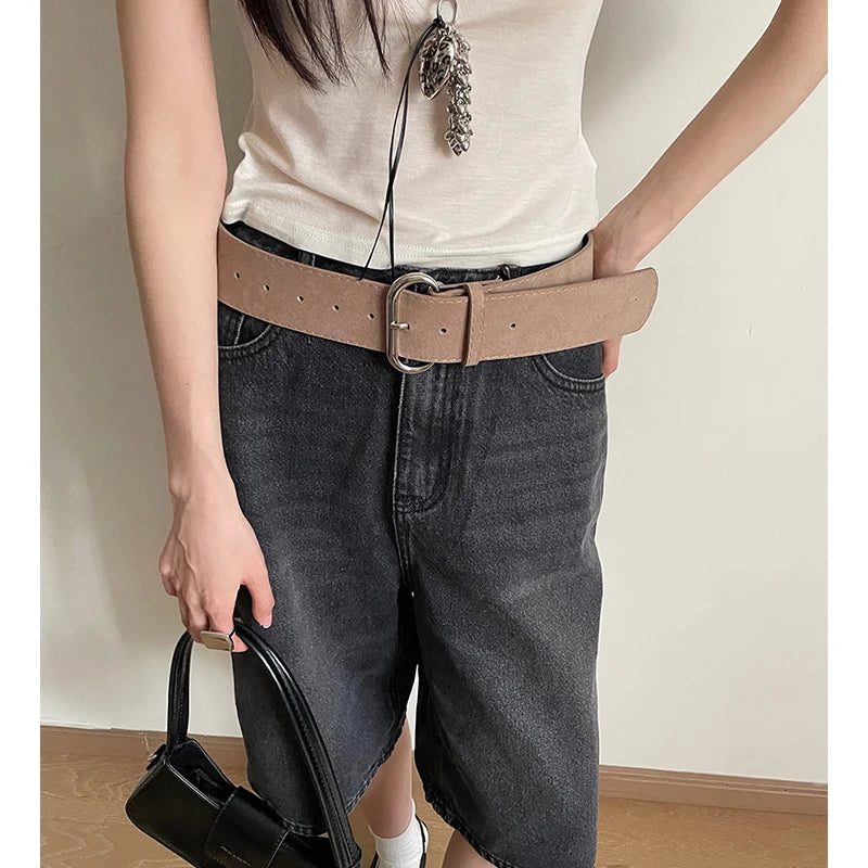 Retro Fashion Eye-Catching Suede Wide Belt With Metal Buckle Waist Belt Ins Versatile Decoration Belt