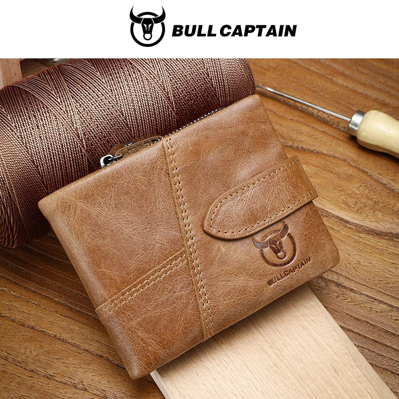 BULLCAPTAIN Leather Wallet With RFID Wallets Card Holder Coin Purse Zipper Men Short wallet's Fashion Men Walletes Coffee 01H