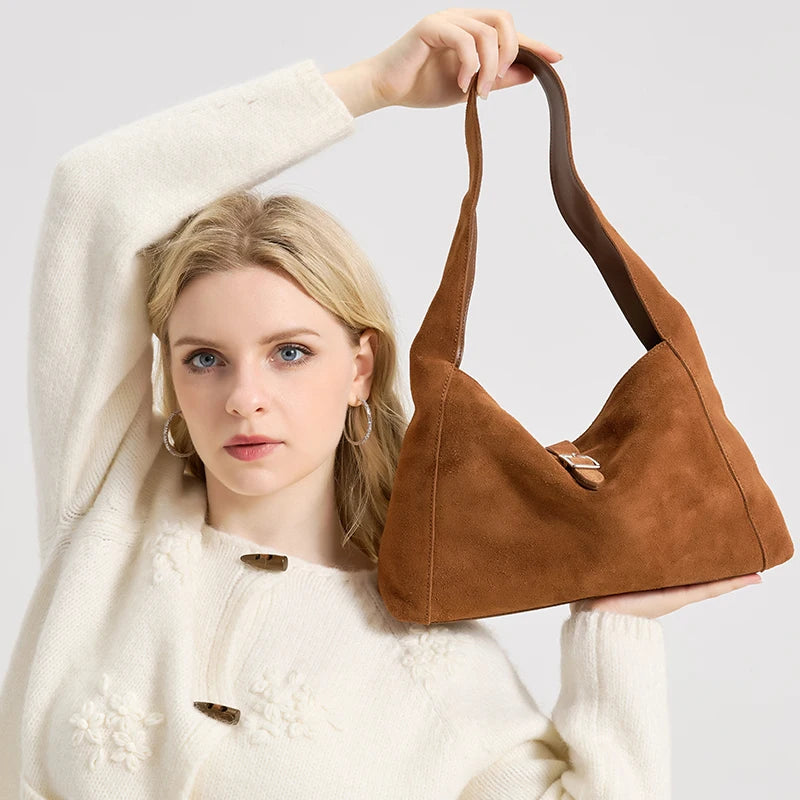 New Winter Women's Natural Suede Leather Bags Female Soft Cowhide Durable Crossbody Shoulder Bag Ladies Fashion Commute Handbags