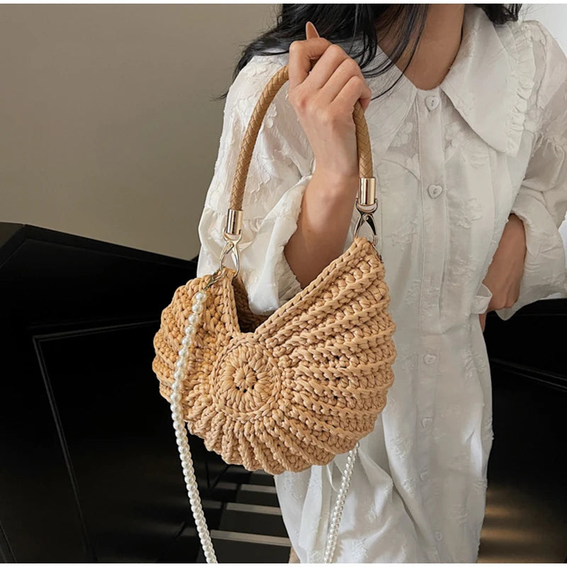 Khaki Conch Shell Knit Crossbody Shoulder Bag Pearl Chain Woven Women Sling Bag