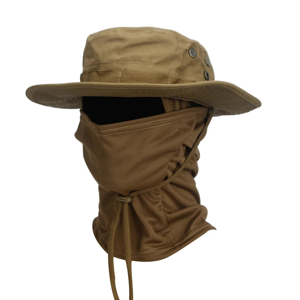 2Pcs Wide Brim Hat & Balaclava Set Men Outdoor Sun Boonie Cap Hiking Fishing Hat