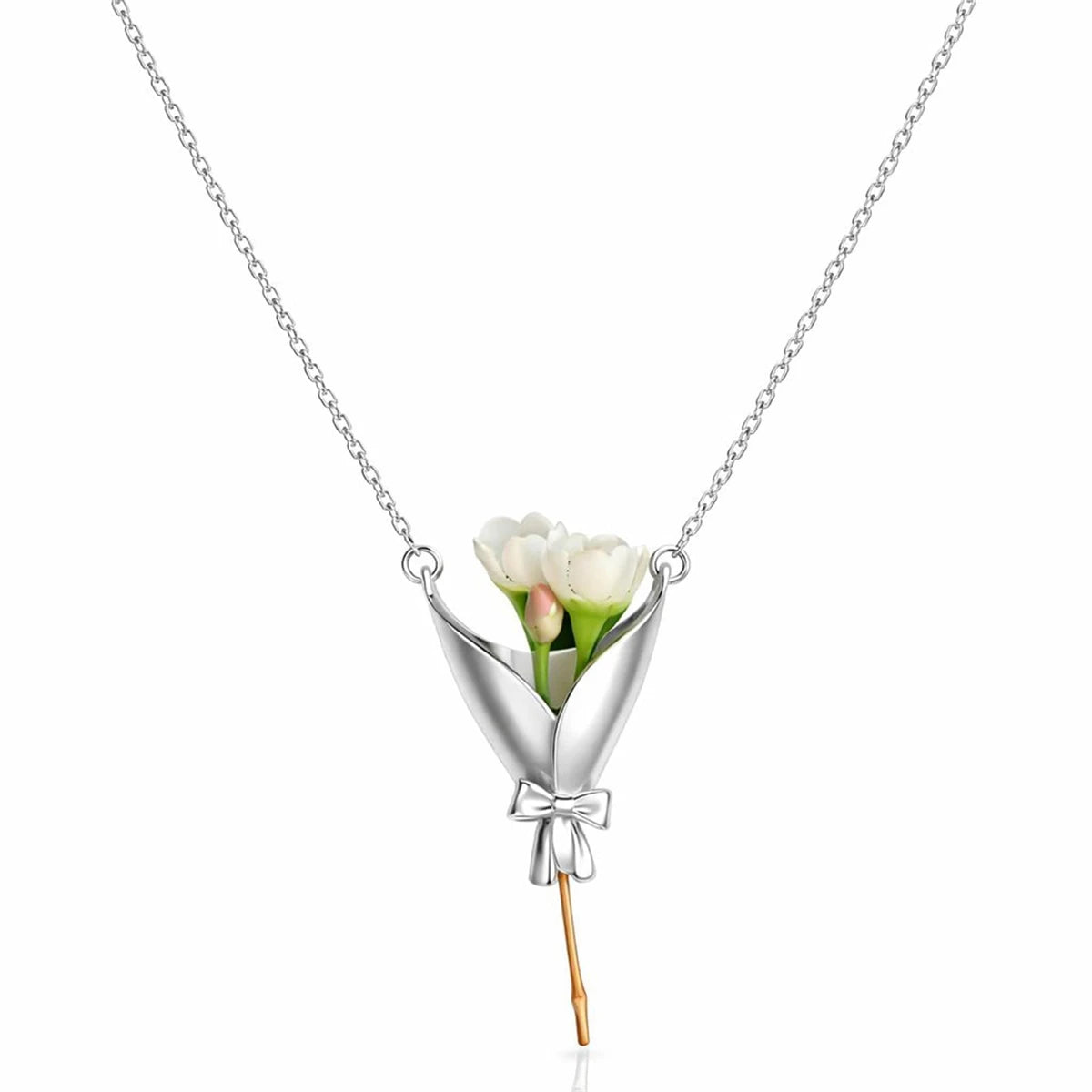 Wearable Bouquet Clip Flower Holder Earring and Necklace Set for Women Gold Tone Dainty Floral Jewelry Set Gift