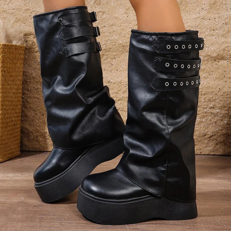 Punk Style Chunk Heel Boots for Women 2025 Fashion Black Rivet Detor Mid Calf Boots Woman Pu Leather Platform Botas Mujer