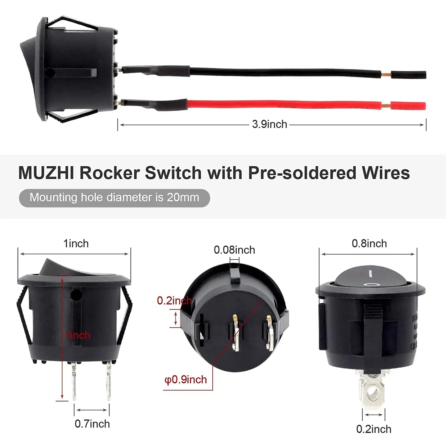 Mini Rocker Switch with Pre-Wired, Electrical Switches, On and Off Toggle, 6PCs, 6A, 250V, 10A, 125V, AC, 12 V, DC, DIY, Apply