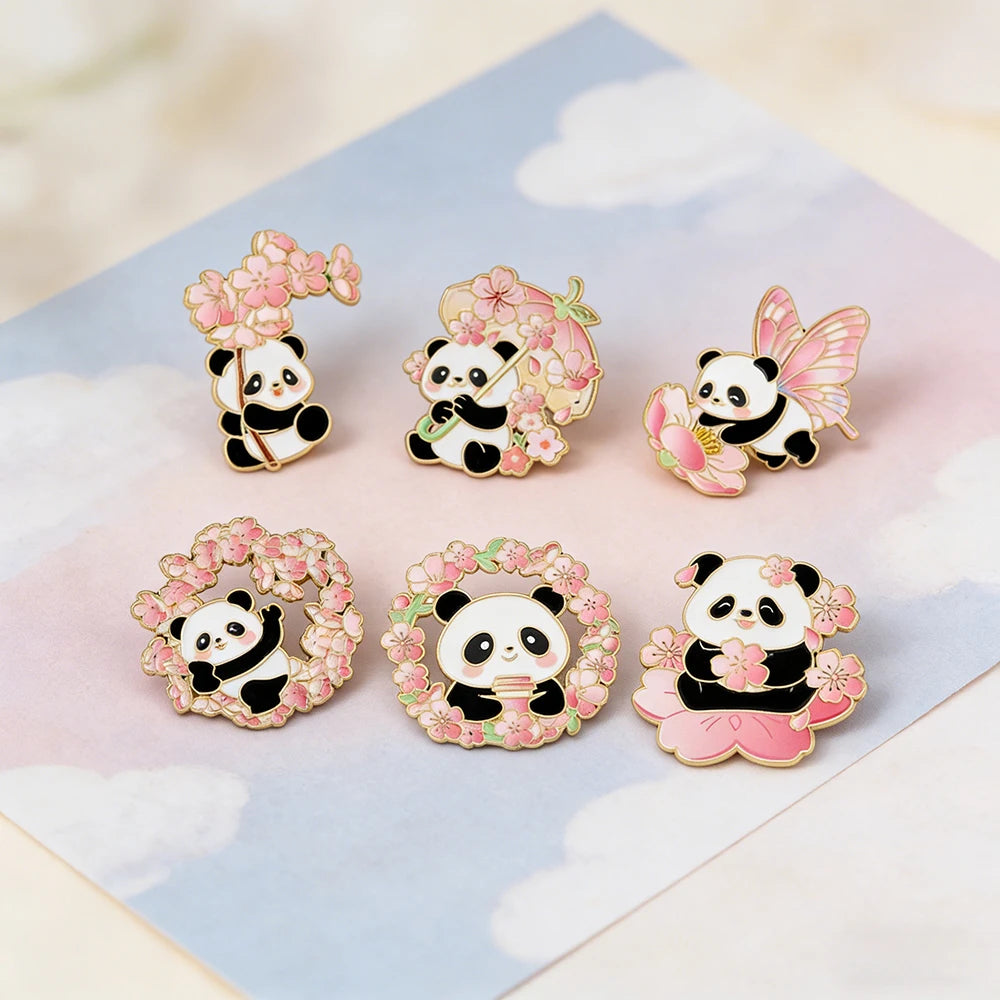 6pcs Cute Cartoon Animal Enamel Brooches - Flower Panda Cherry Blossom & Butterfly Lapel Pins Metal Badges Jewelry Gift Set