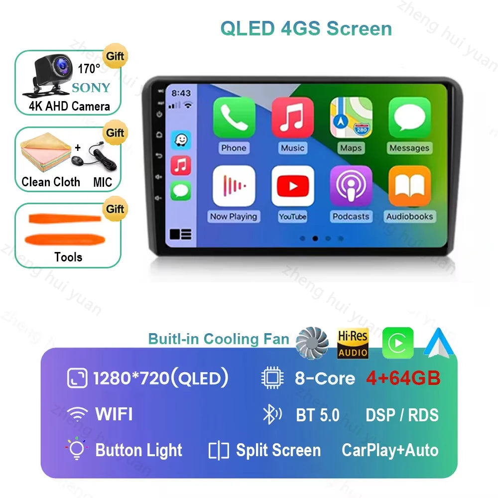 For Audi A3 8P 2003 2004 - 2013 Android 16 GPS WIFI 4G Carplay&Auto Car Radio Navigation QLED Multimedia Stereo Player BT