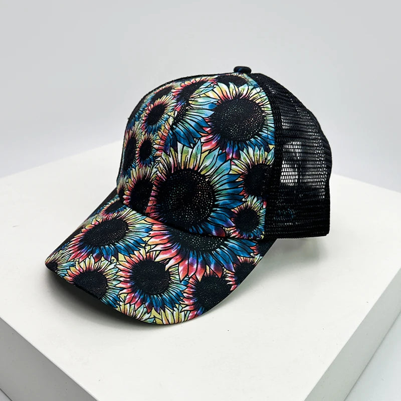 New Women Print Sunflower Color Block Baseball Hats Breathable Criss Cross Ponytail Sunshade Versatile Trucker caps Mesh Fashion