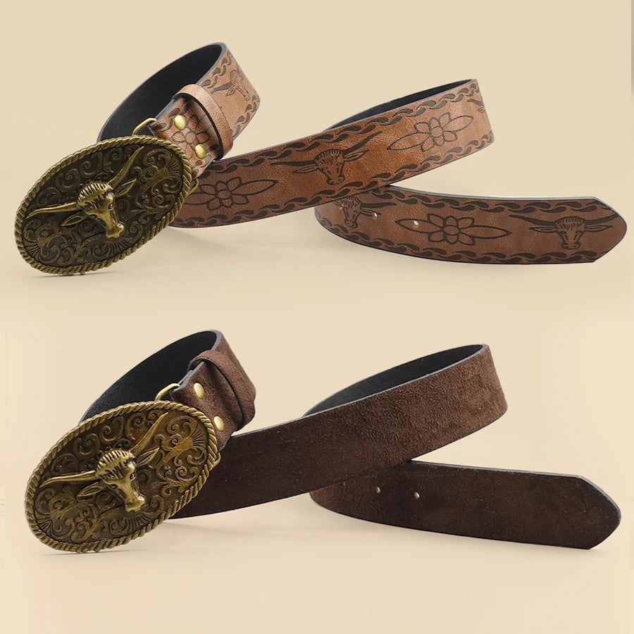 Retro Western Style Casual Belt with Antiqued Alloy Bullhead Buckle, a Versatile Accessory for Daily Commute and Dating