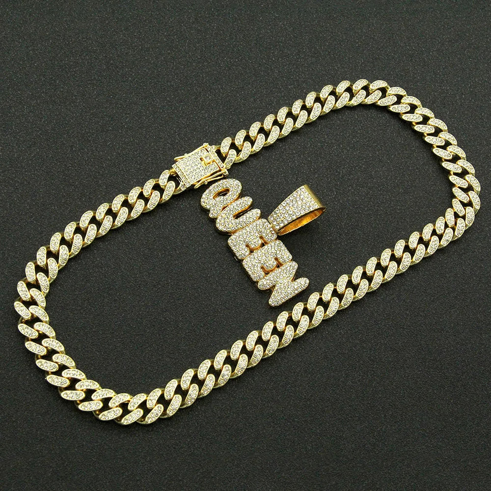 Men Hip Hop KING QUEEN Letter Pendant Necklace with 13mm Miami Cuban Chain Iced Out Bling HipHop Necklaces Fashion Women Jewelry