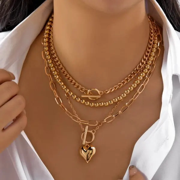 Punk Gold Color Heart Pendant Necklace for Women 2026 Trendy Multi-layer Charm Link Chain Beaded Choker Y2K Jewelry Accessories