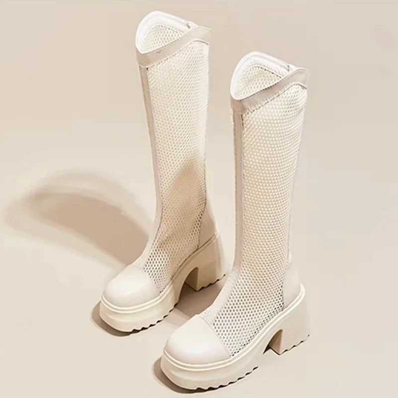 Sexy Mesh Hollow Boots Woman Summer 2025 Solid Size Zipper Mid-Calf Boots for Women Fashion Round Toe Platform Shoes Lady