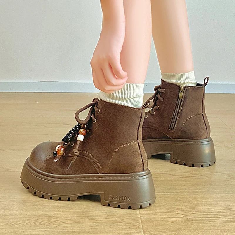 Vintage Chunky Platform Ankle Boots Women Autumn Winter Thick Sole Lace Up Boots Woman 2025 Anti Slip Zipper Short Booties Mujer