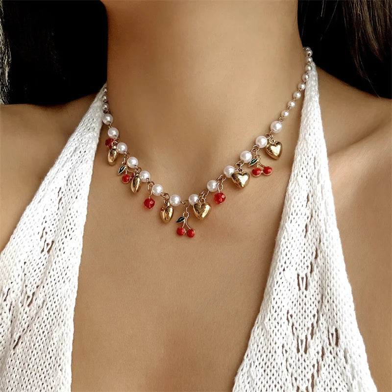 Y2K Sweet Cute Red Strawberry Cherry Pendant Necklace for Women Girls Love Heart Imitation Pearl Chain Choker Fashion Jewelry