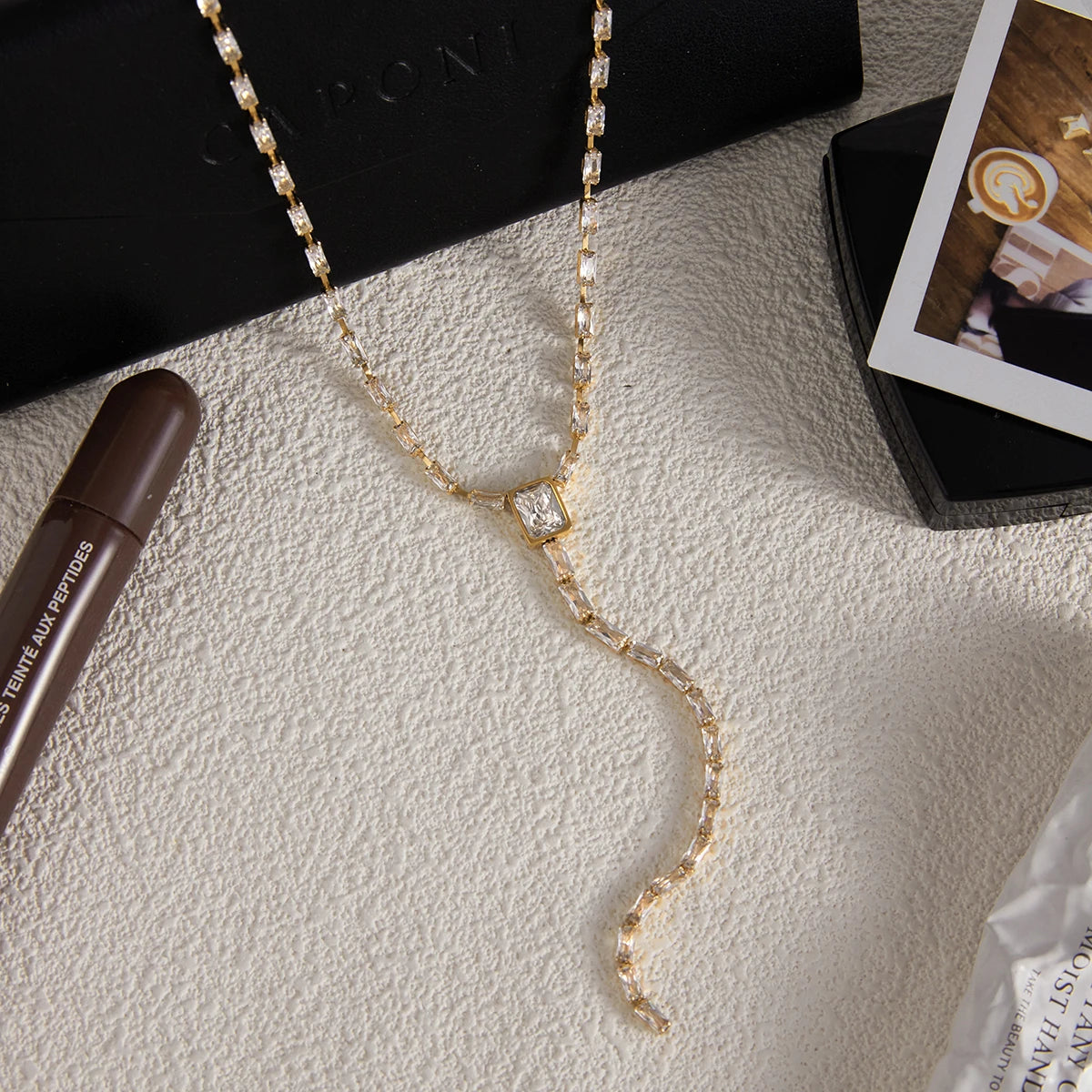 Uworld Classic Minimalist 18K Gold Color Plated White Square Zircon Inlay Y-Shape Necklace Waterproof Stainless Steel Jewelry