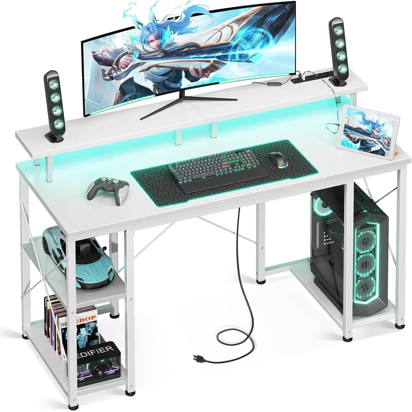 48 " Gaming Desk w/ LED Lights & Power Outlets, Computer Desk w/ Monitor Stand