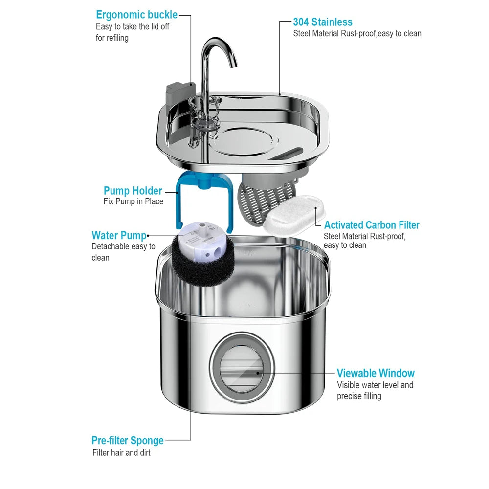 2.2L Automatic Cat Water Fountain Square Stainless Steel Pet Water Feeder Tools